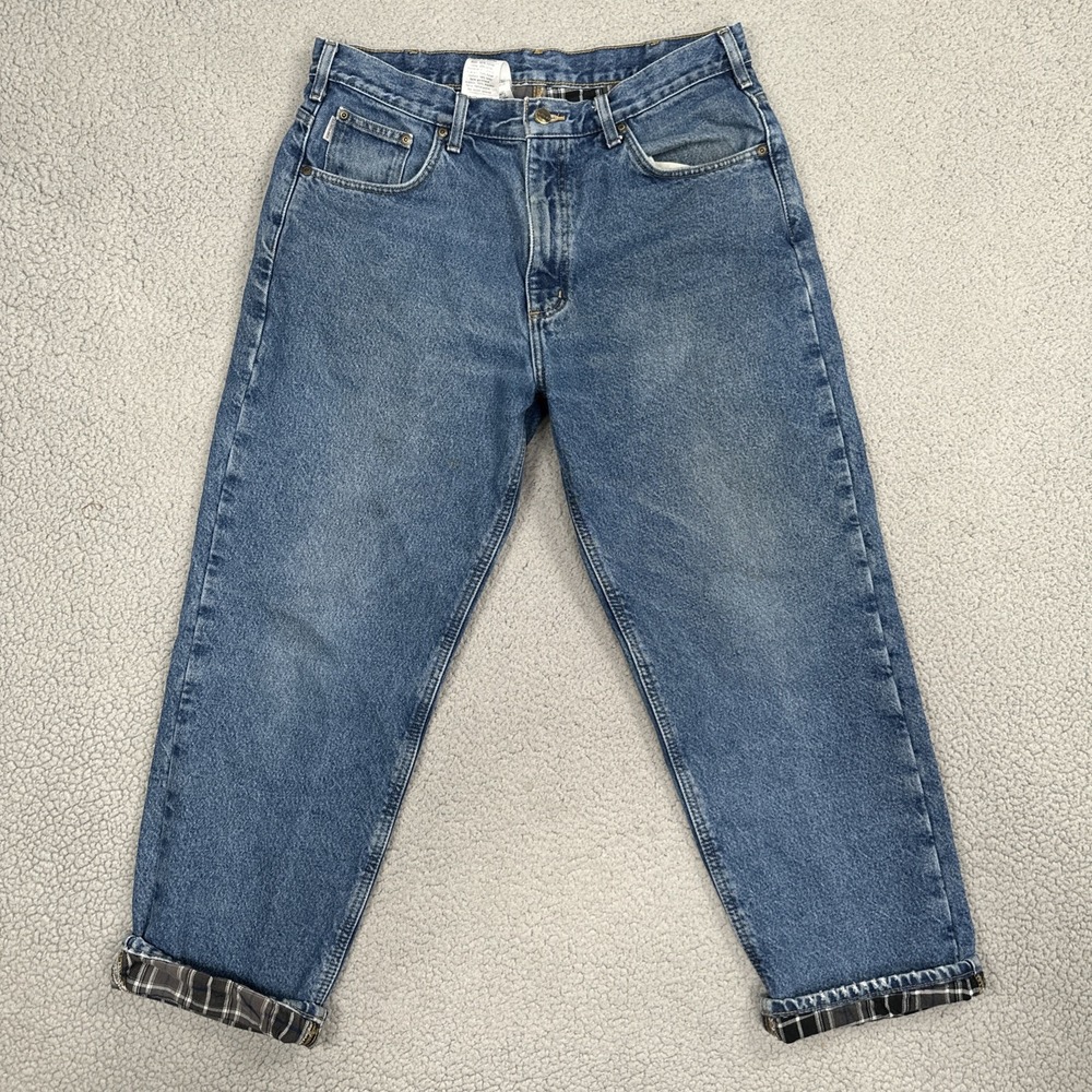 VTG Carhartt Flannel Lined Jeans Men 36x30 Blue Relaxed Fit Workwear B172 DST